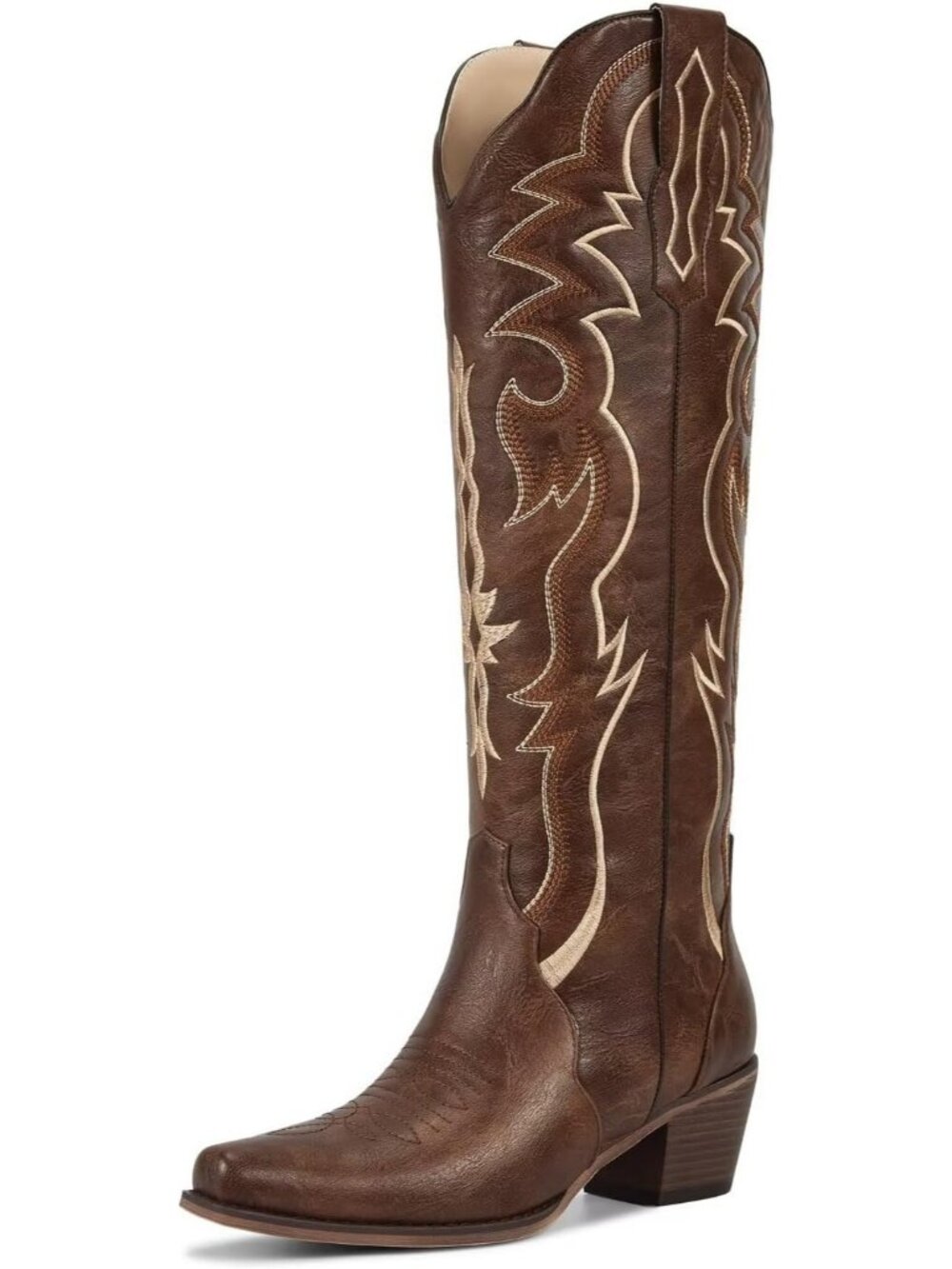 Women's Brown Low Heeled Stable Embroidery Western Soft Knee High Cowgirl Boot
